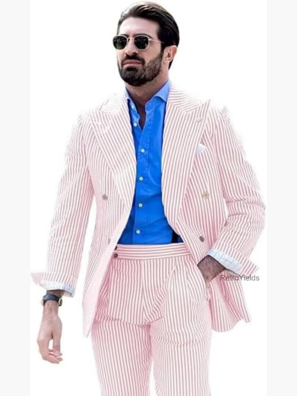 Men's 2 Piece Striped Seersucker Suit Slim Fit Summer Beach Tuxedo Set